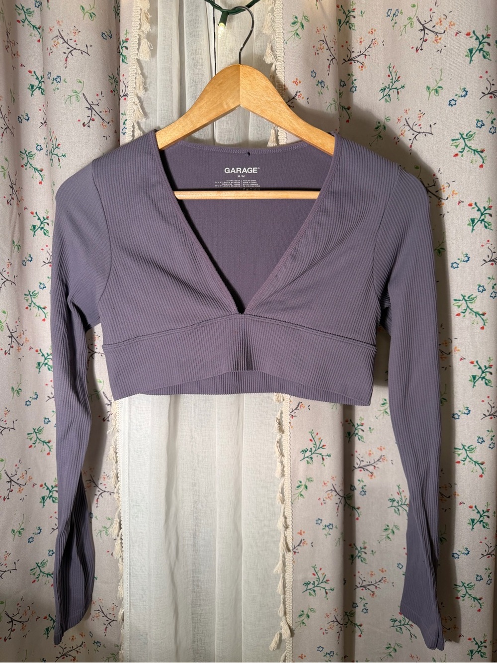 Garage Ribbed Long Sleeve Cropped V-Neck Top - Lavender
